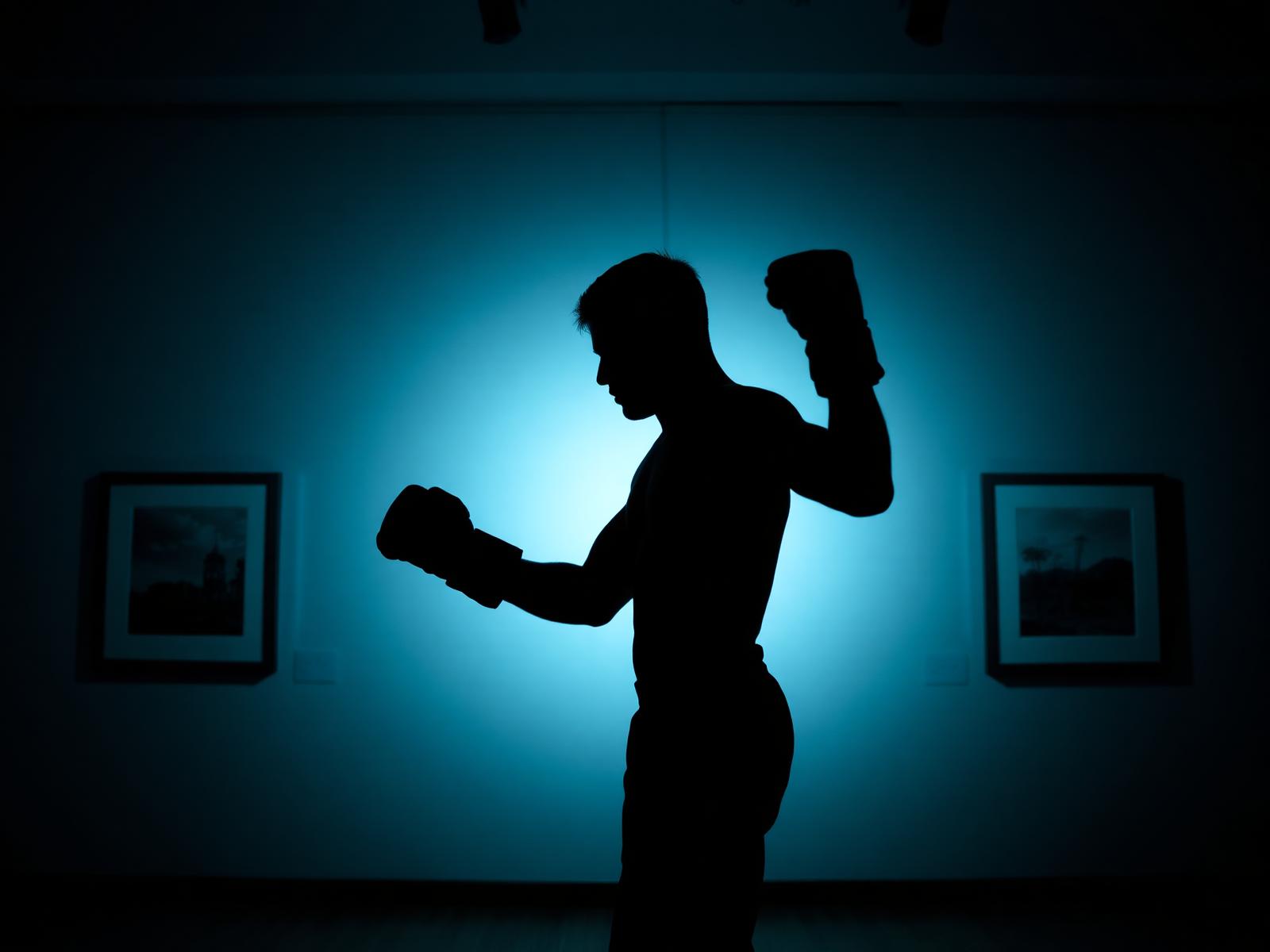 Silhouette of a fighter in a gallery space